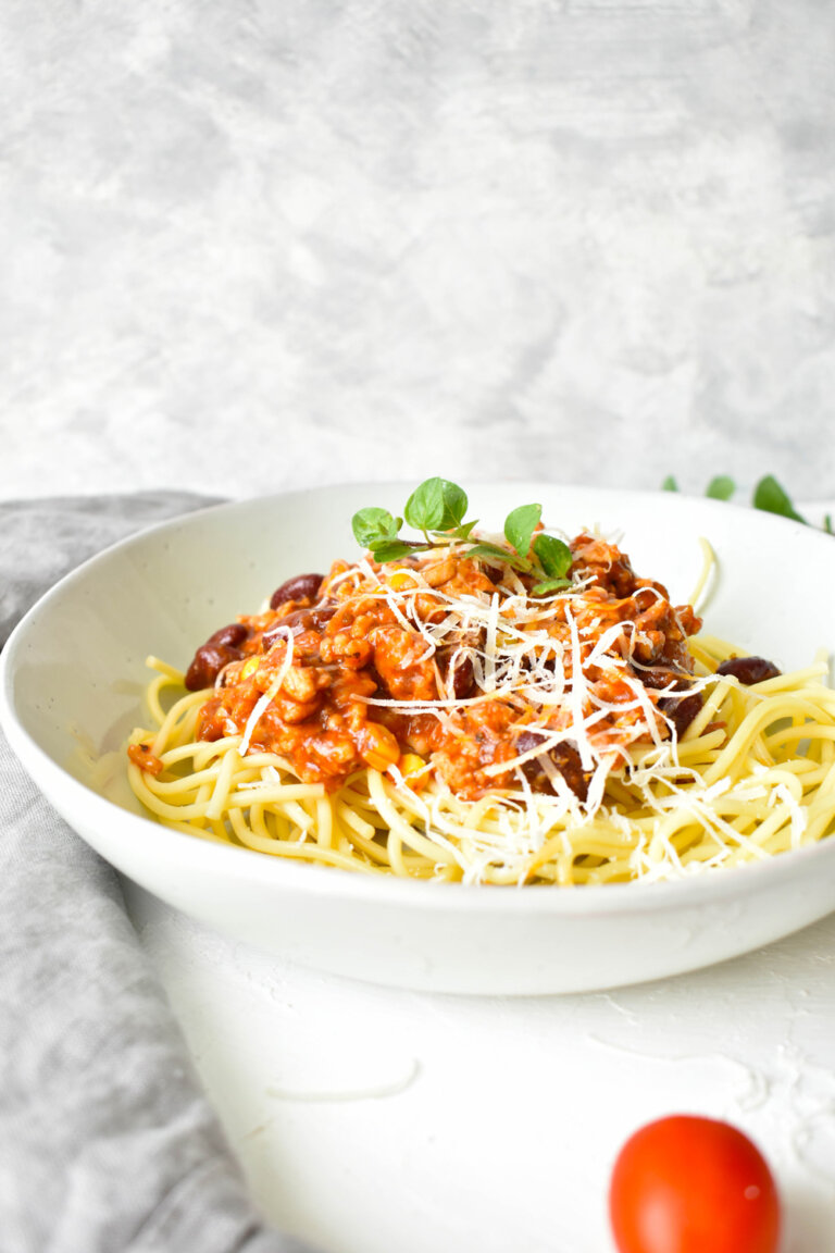 Bean and Corn Bolognese Spaghetti