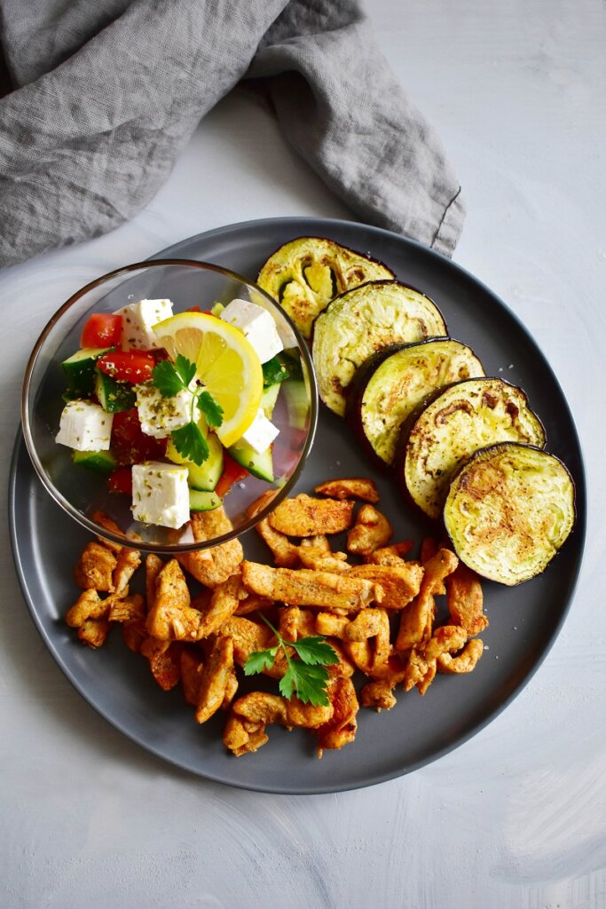 Greek salad with roasted chicken and eggplant