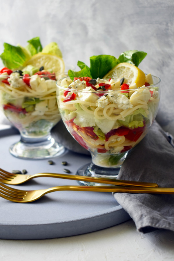 Pasta salad with cheese and basil mozzarella