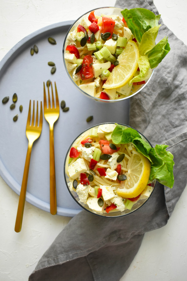 Pasta salad with Boursin soft cheese and basil mozzarella