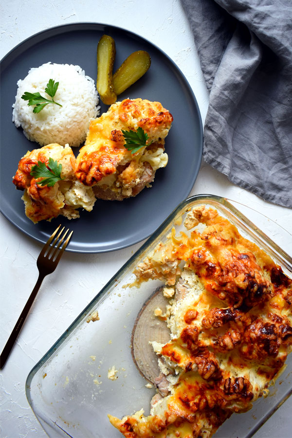 layered pork chops with cauliflower lunch