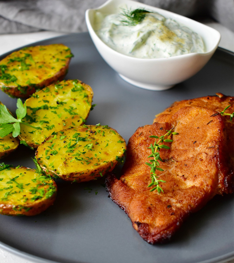 Chop with green herbs and garlic potatoes