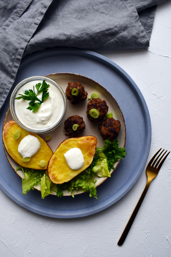 baked potatoes, meatballs, sour cream