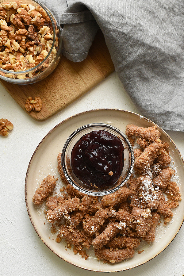 walnut potato dumplings with blueberry jam