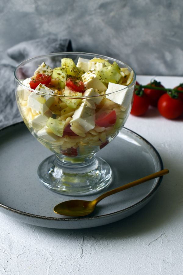 Greek pasta salad in a cup