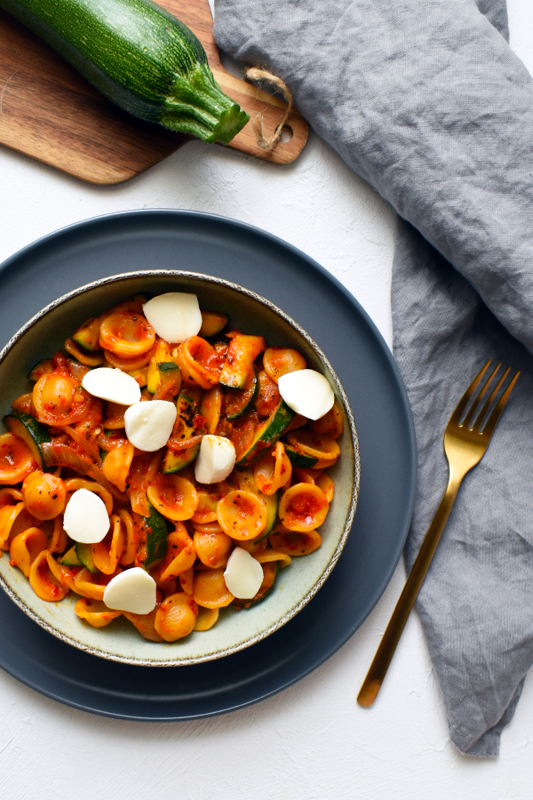 Orecchiette pasta with roasted zucchini and ajvar
