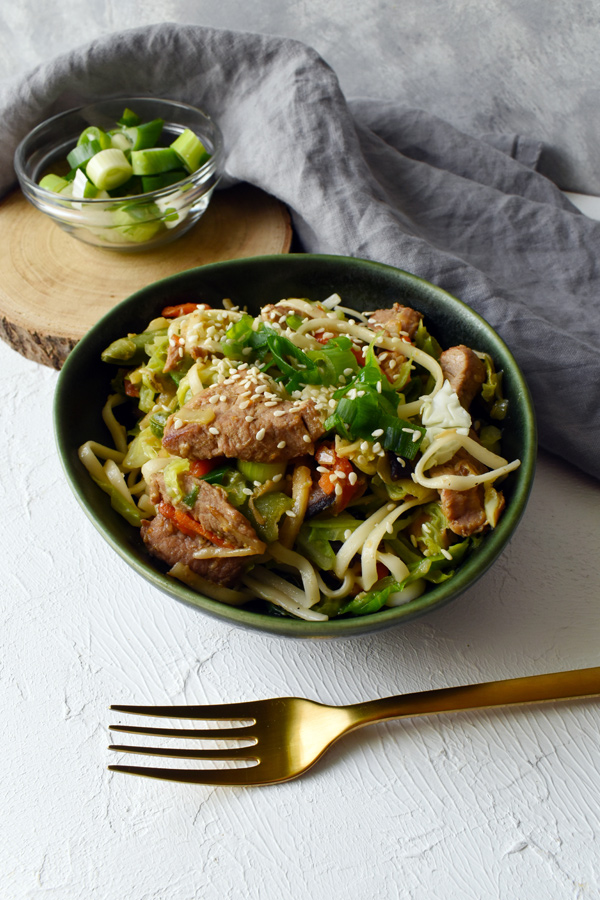 Udon noodles and pork tenderloin
