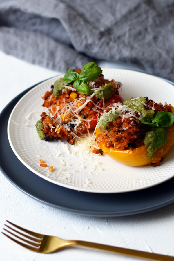 Stuffed Bell Peppers with Bean-Corn Ragout and Brown Rice