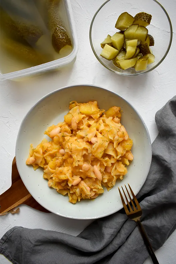 Pasta with Potatoes and Hungarian fermented cucumbers